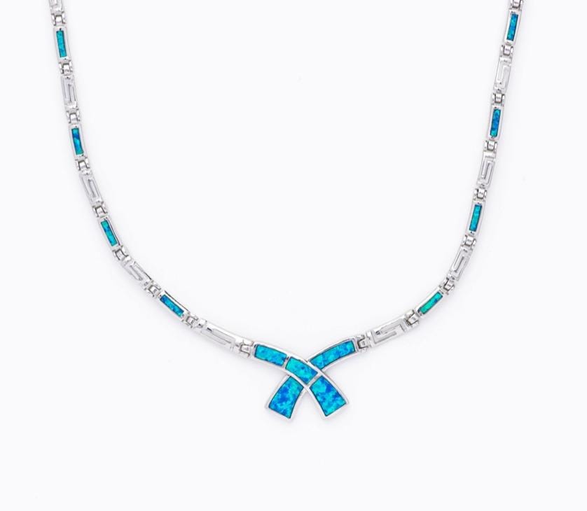 Silver Blue Opal Knot Greek Key Necklace, Meander Design