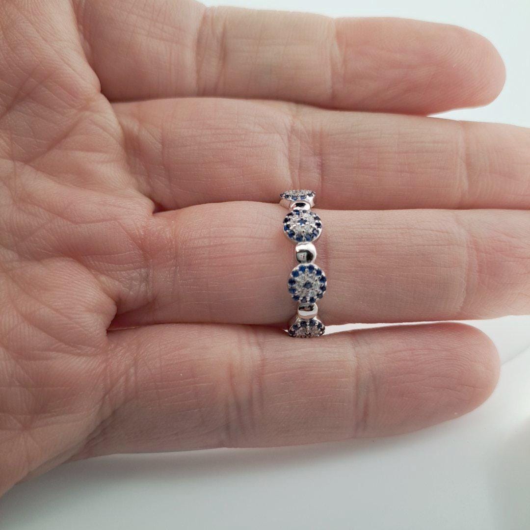 Evil Eye Eternity Ring – Silver 925 Full Band Blue Zircon CZ Design