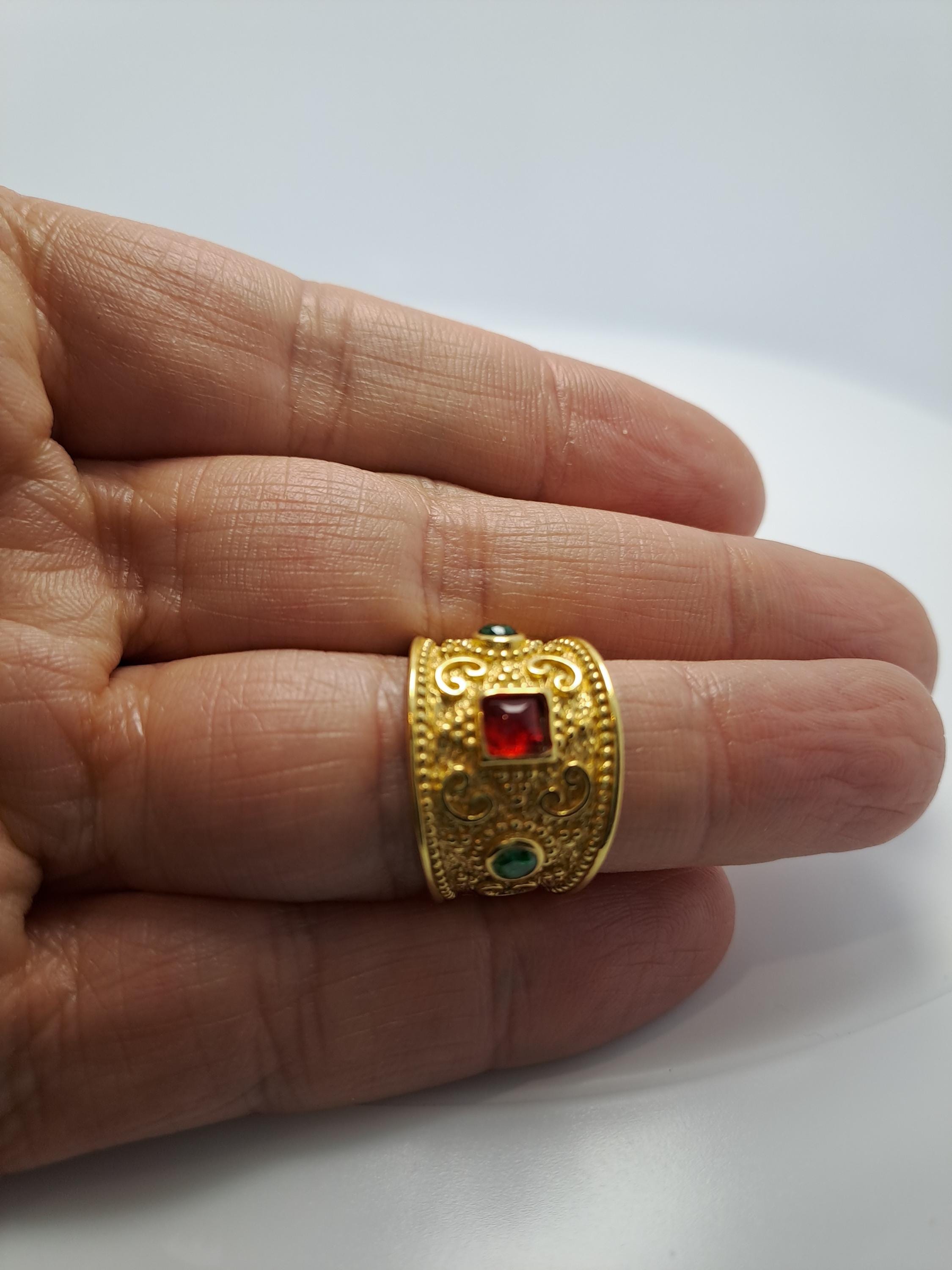 Byzantine Filigree Ring – Gold Tone Adjustable Cuff With Red & Green Zircon