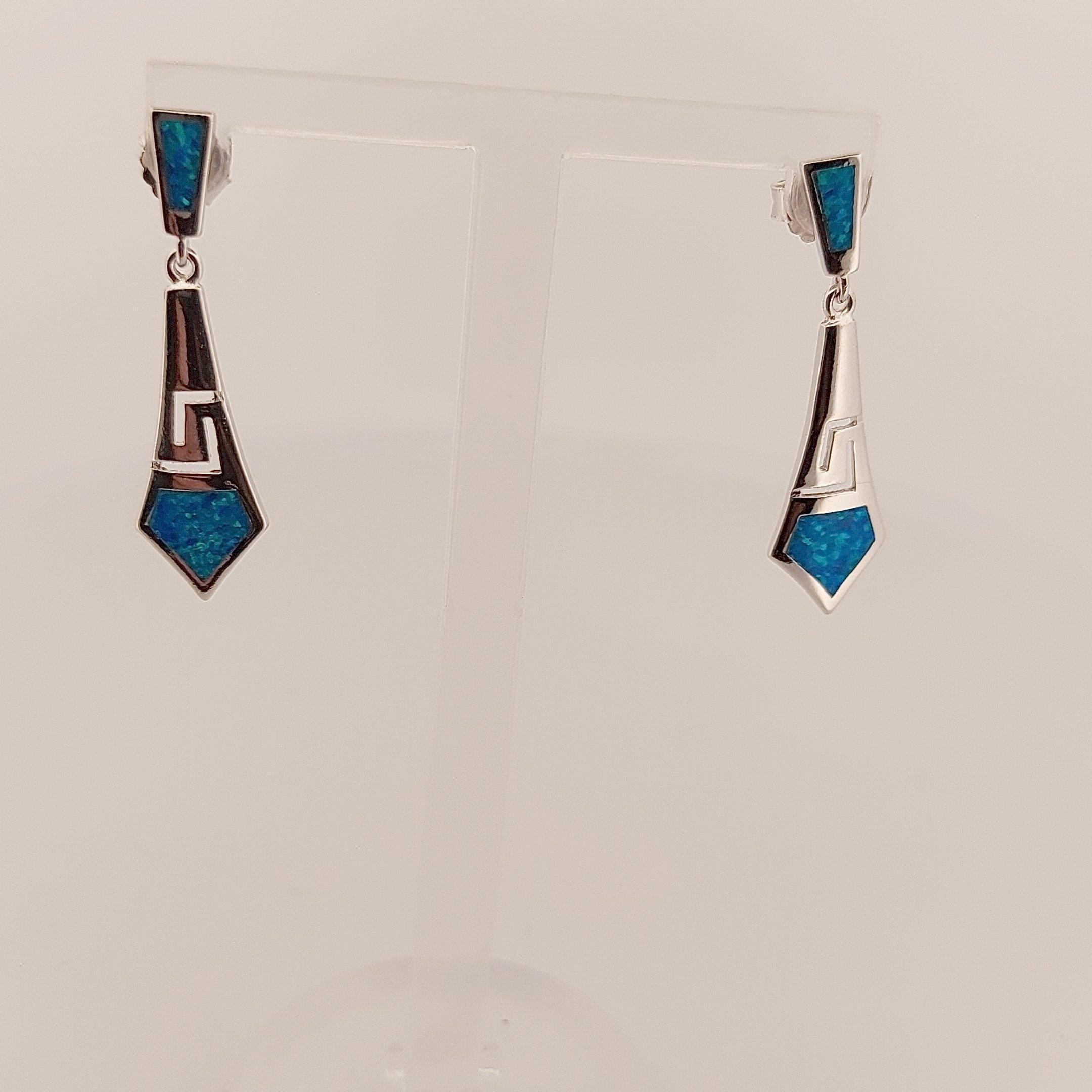 Sterling Silver Blue Opal Dangle Earrings: Greek Key Diamond Design