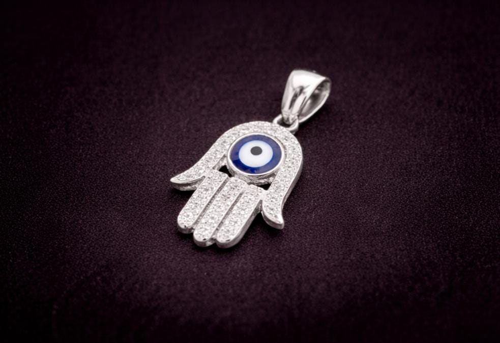 Silver Hamsa Pendant - Blue Evil Eye Necklace with Zirconia Charm, Protection Talisman