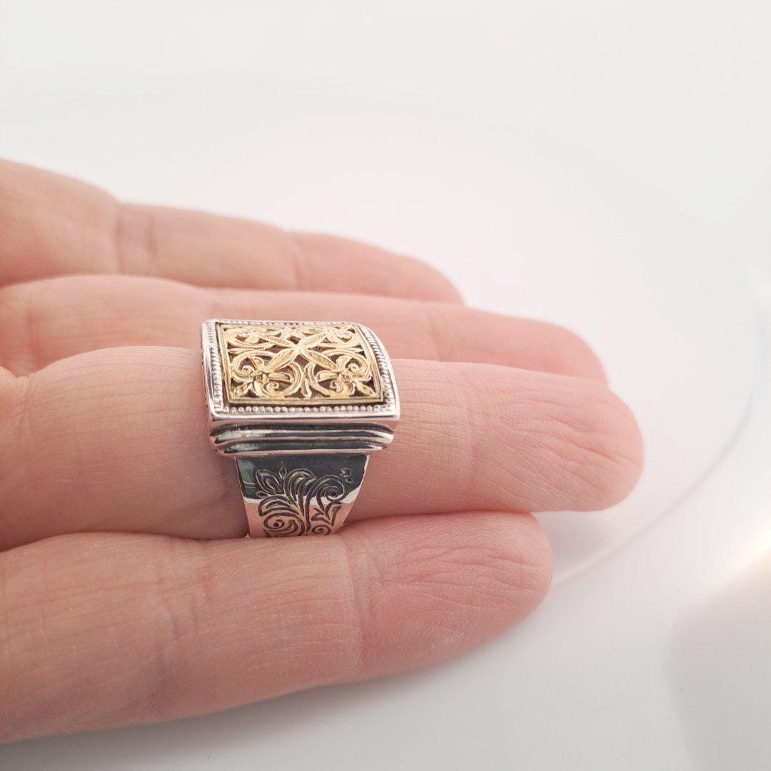 Byzantine Gold Ring - Ornate Filigree Square Cross Wide Band Silver Statement