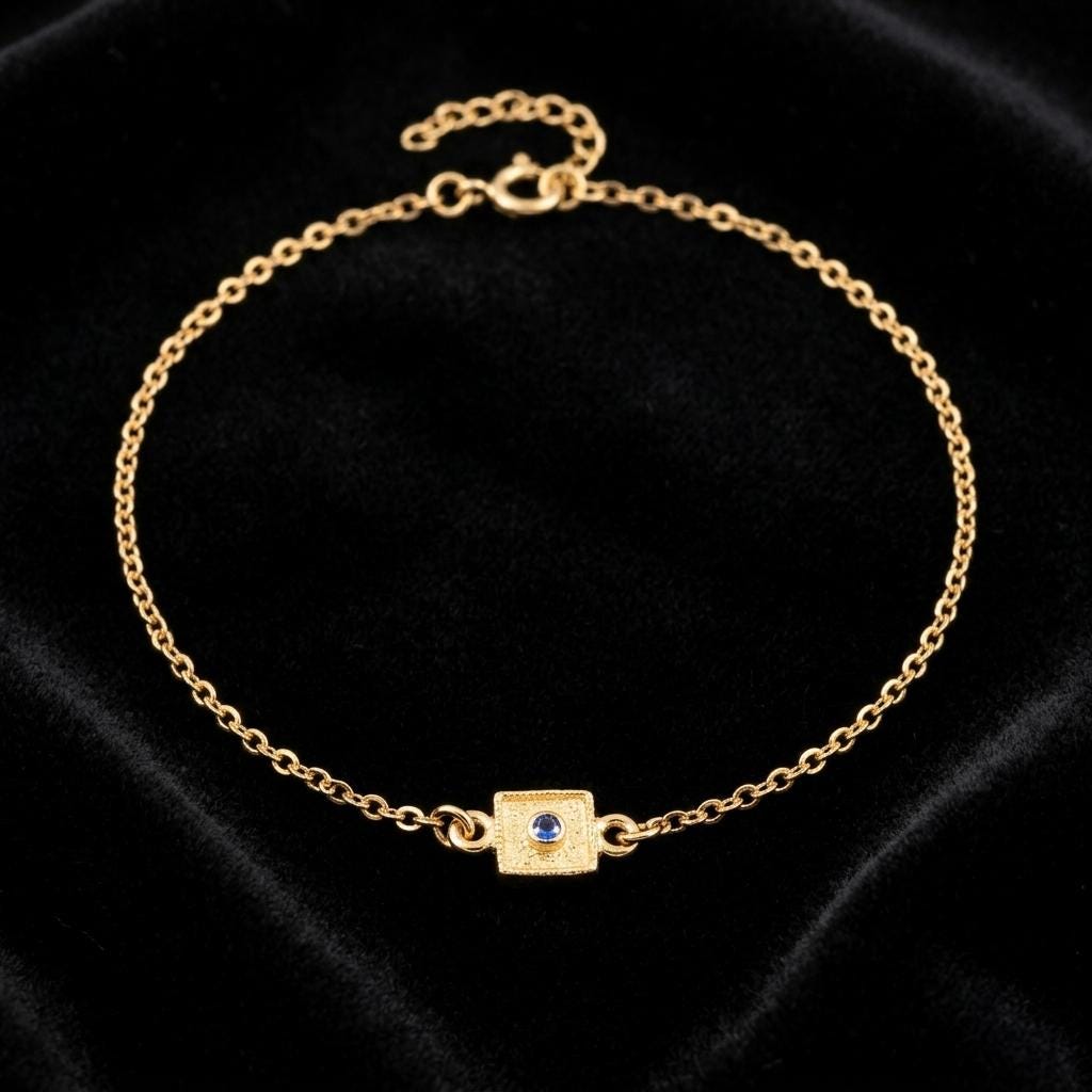 Gold Plated Bracelet – Sterling Silver Byzantine Design With Blue Gemstone Charm
