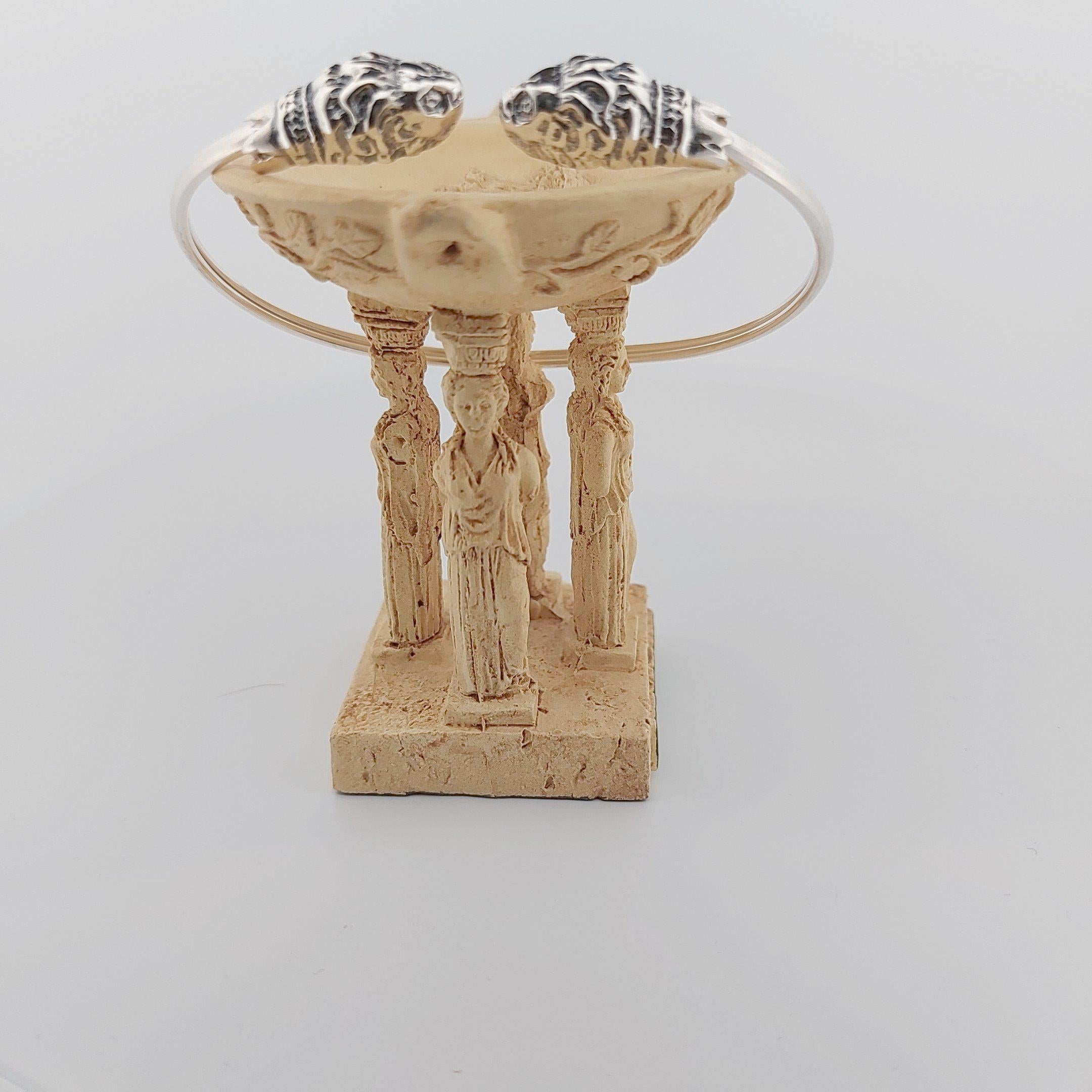 Double Lions Heads Cuff Bracelet Silver 925, Unisex Ancient Greek Mythology Symbol Bangle