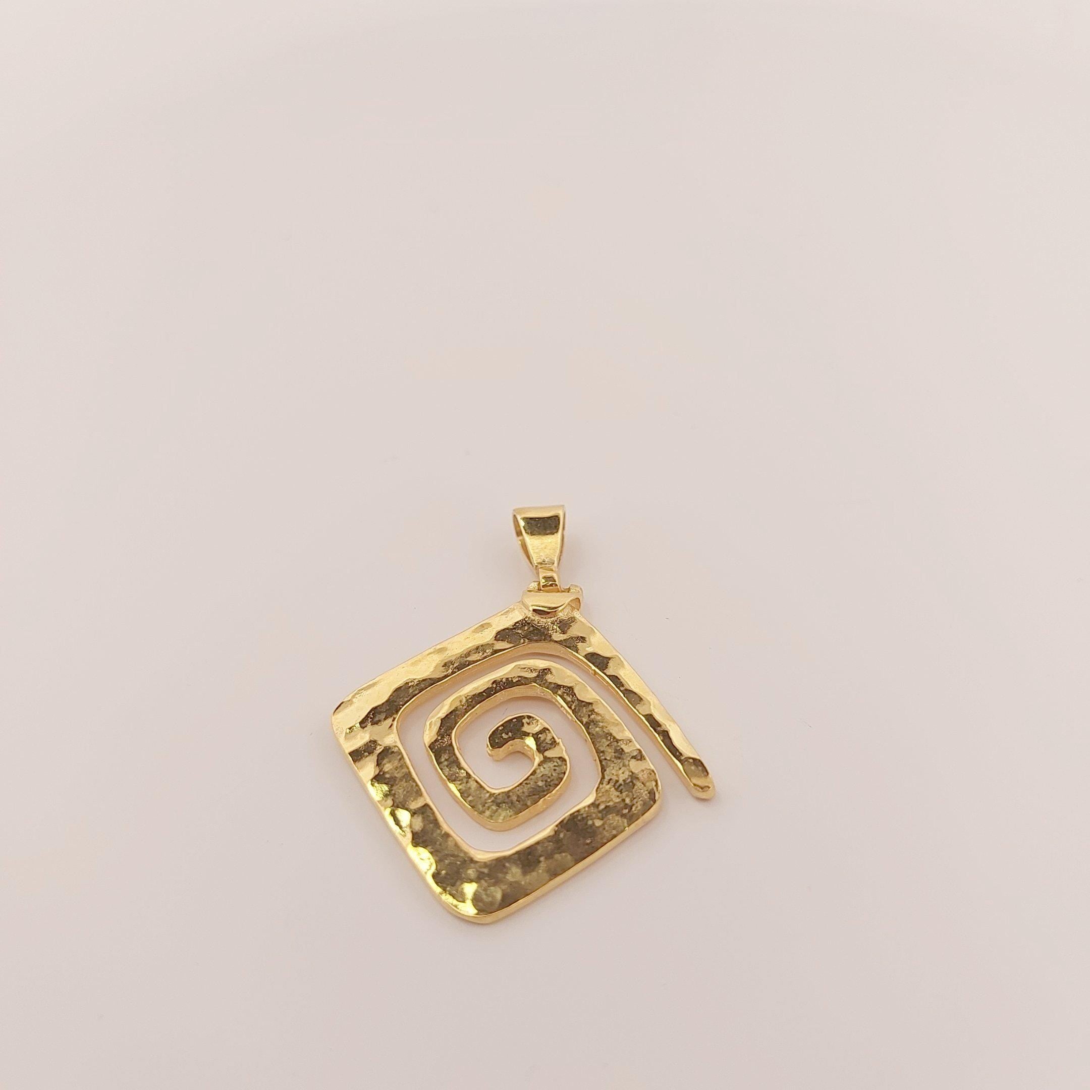Hammered Gold Plated Silver Pendant: Greek Key Meander Design