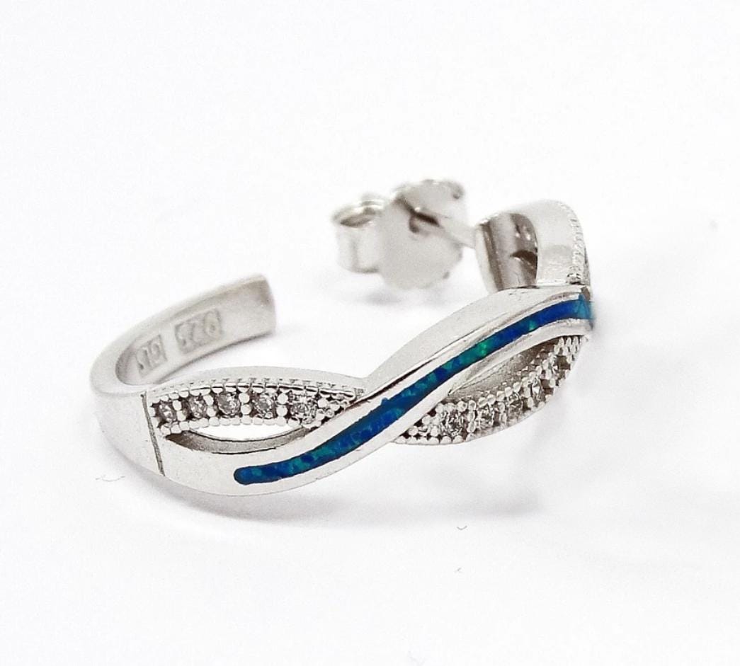 Sterling Silver Blue Opal Hoop Earrings: Greek Style 925 Silver