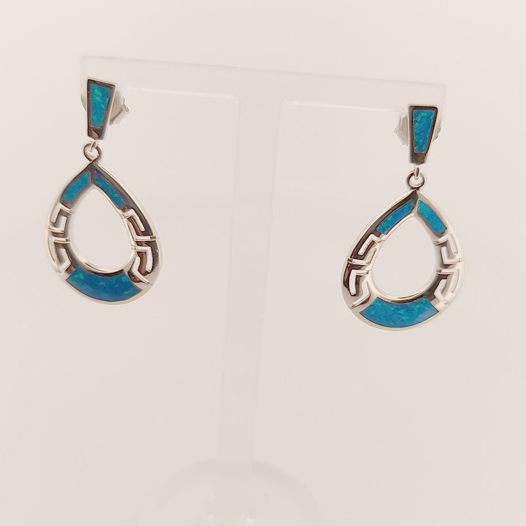 Blue Opal Greek Key Earrings: Sterling Silver Dangle, October Birthstone