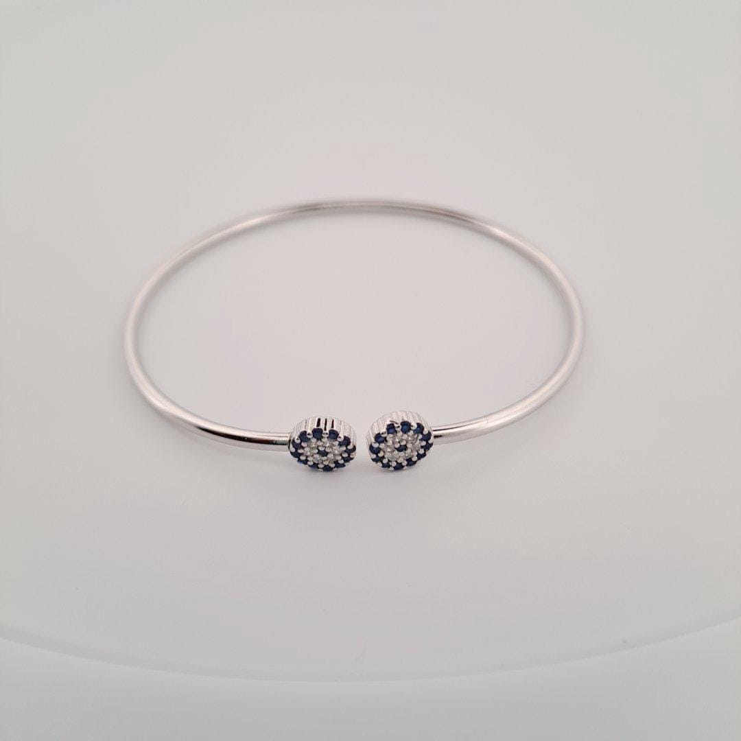 Evil Eye Bracelet – Silver Bangle with Blue Zirconia, Dainty Open Cuff for Protection