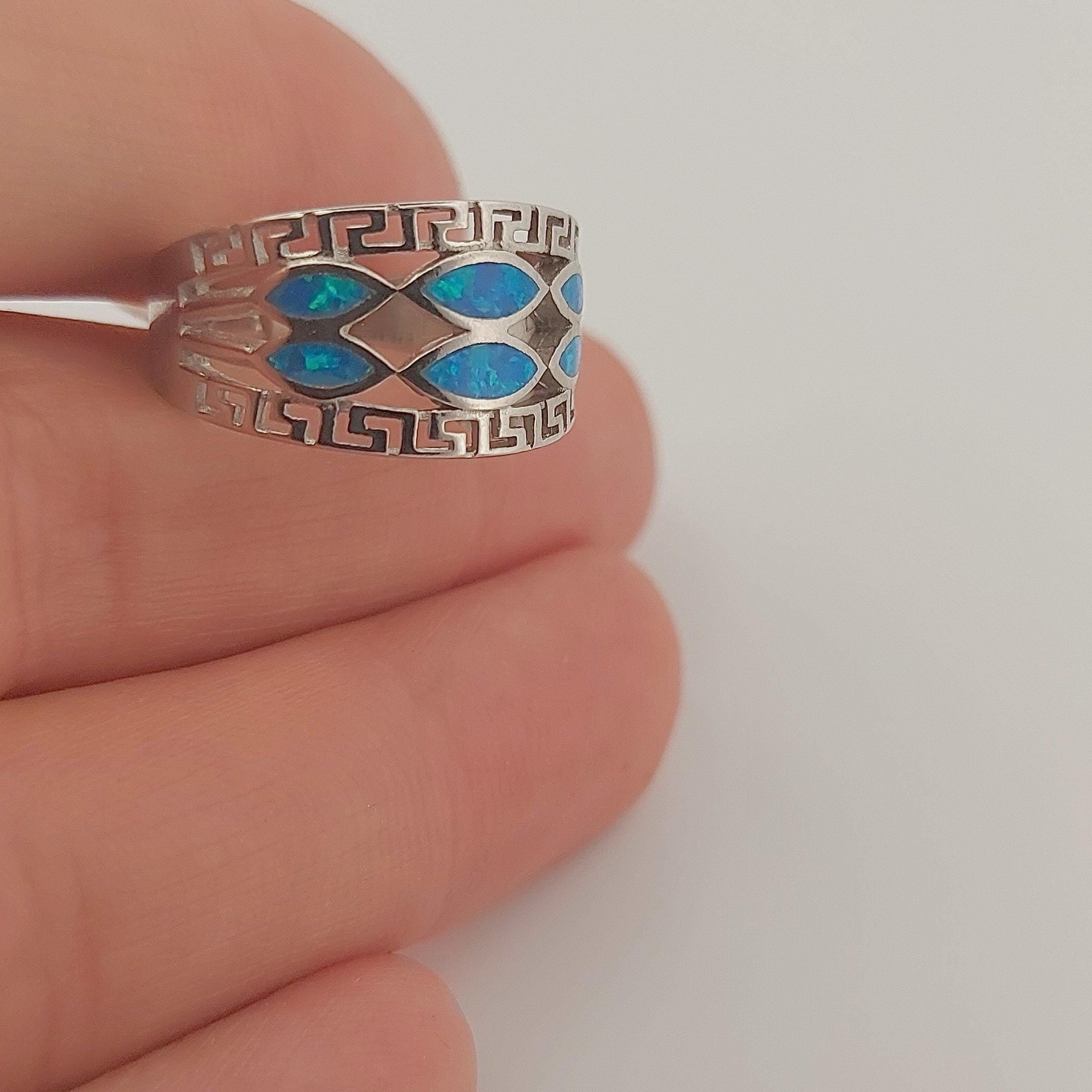 Blue Opal Ring Marquise Pattern, Sterling Silver Greek Key Meander Design