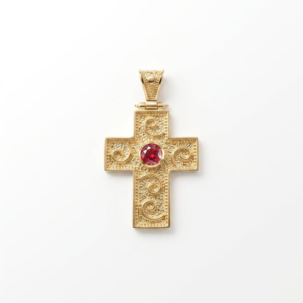 Gold Cross Pendant – Byzantine Cross With Red Gemstone | Ornate Greek Jewelry
