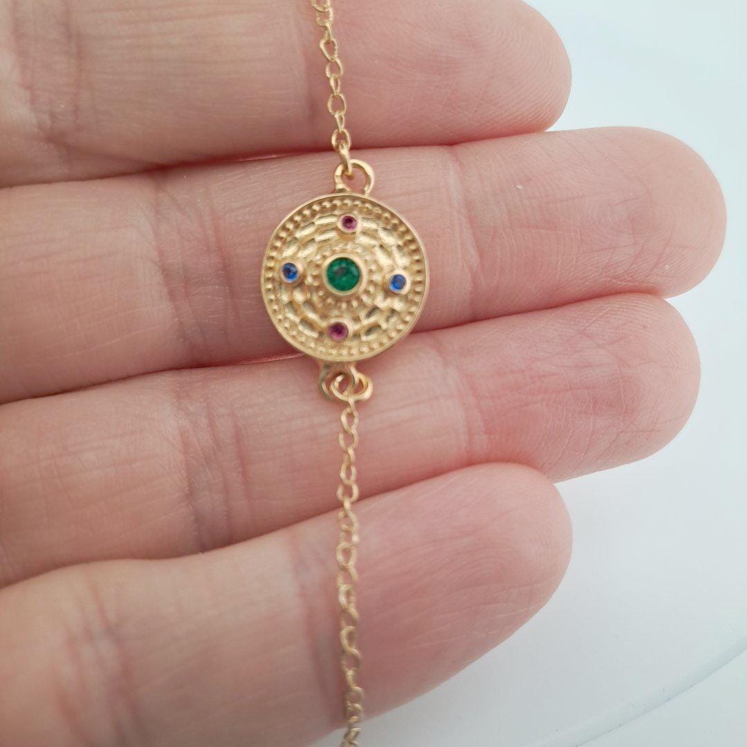 Gold Plated Bracelet – Byzantine Multicolor Gemstone Medallion With Adjustable Chain