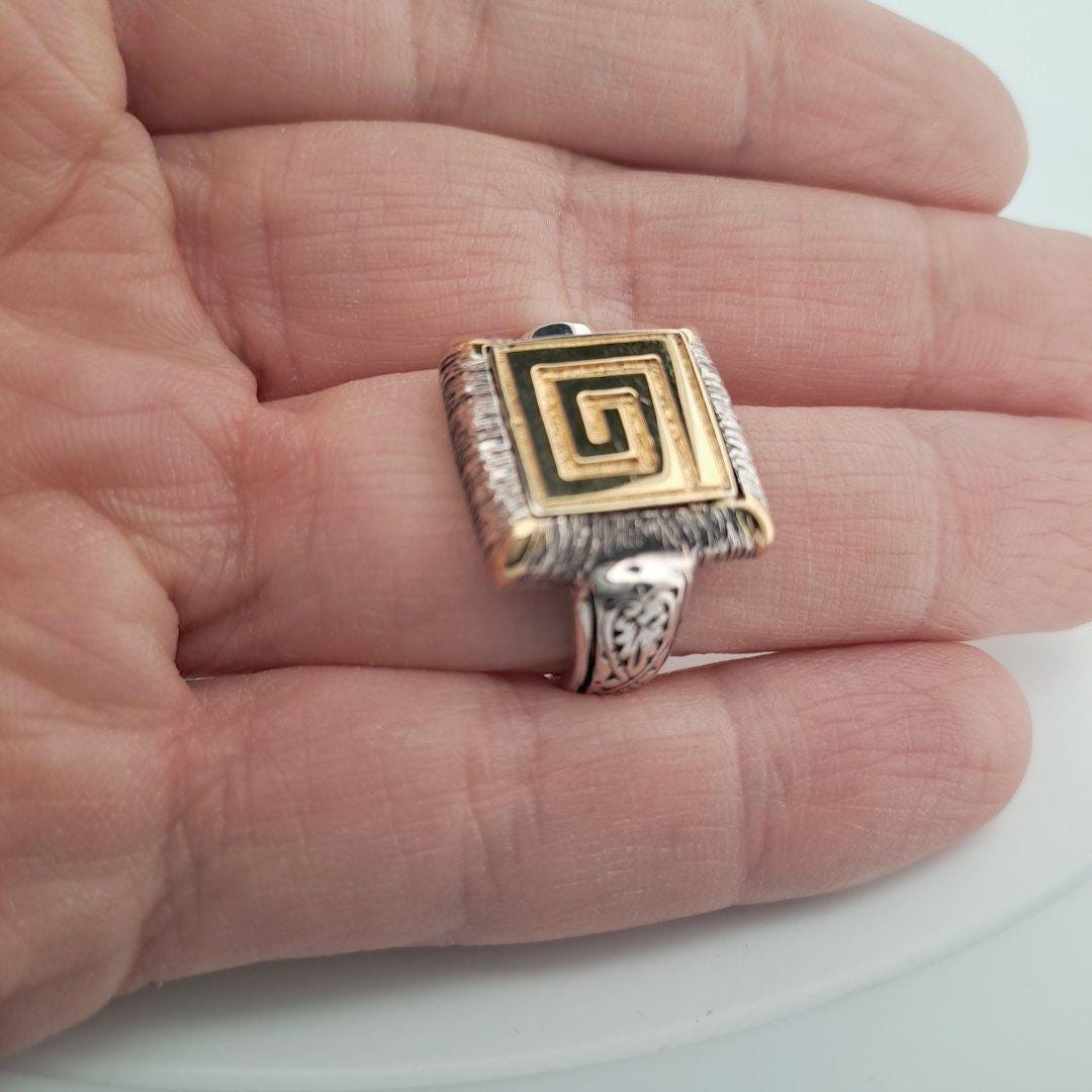 Byzantine Statement Ring – Two Tone Gold Silver Ornate Square Band