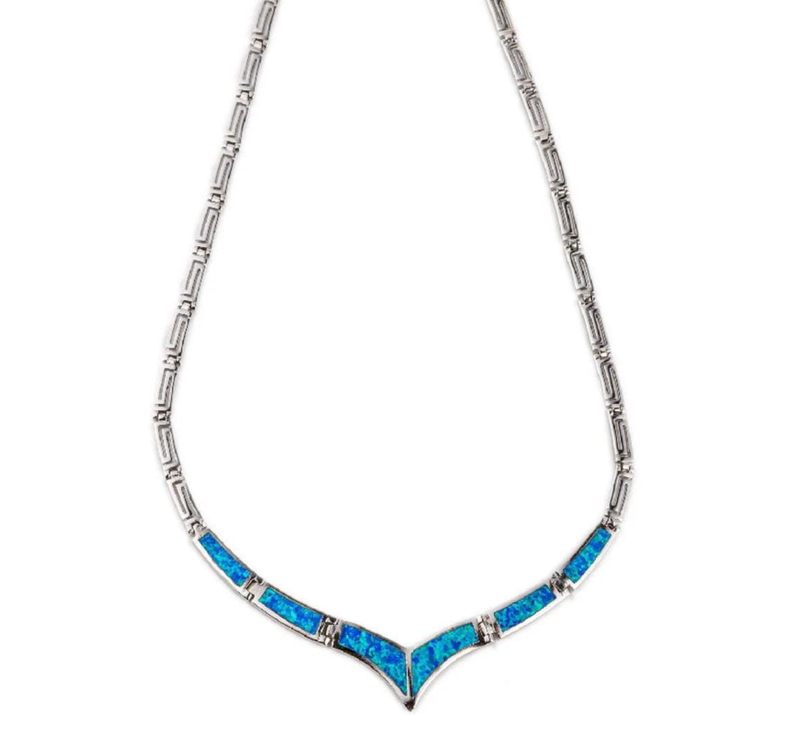 Blue Opal V-Shape Necklace, Greek Key Meander Design