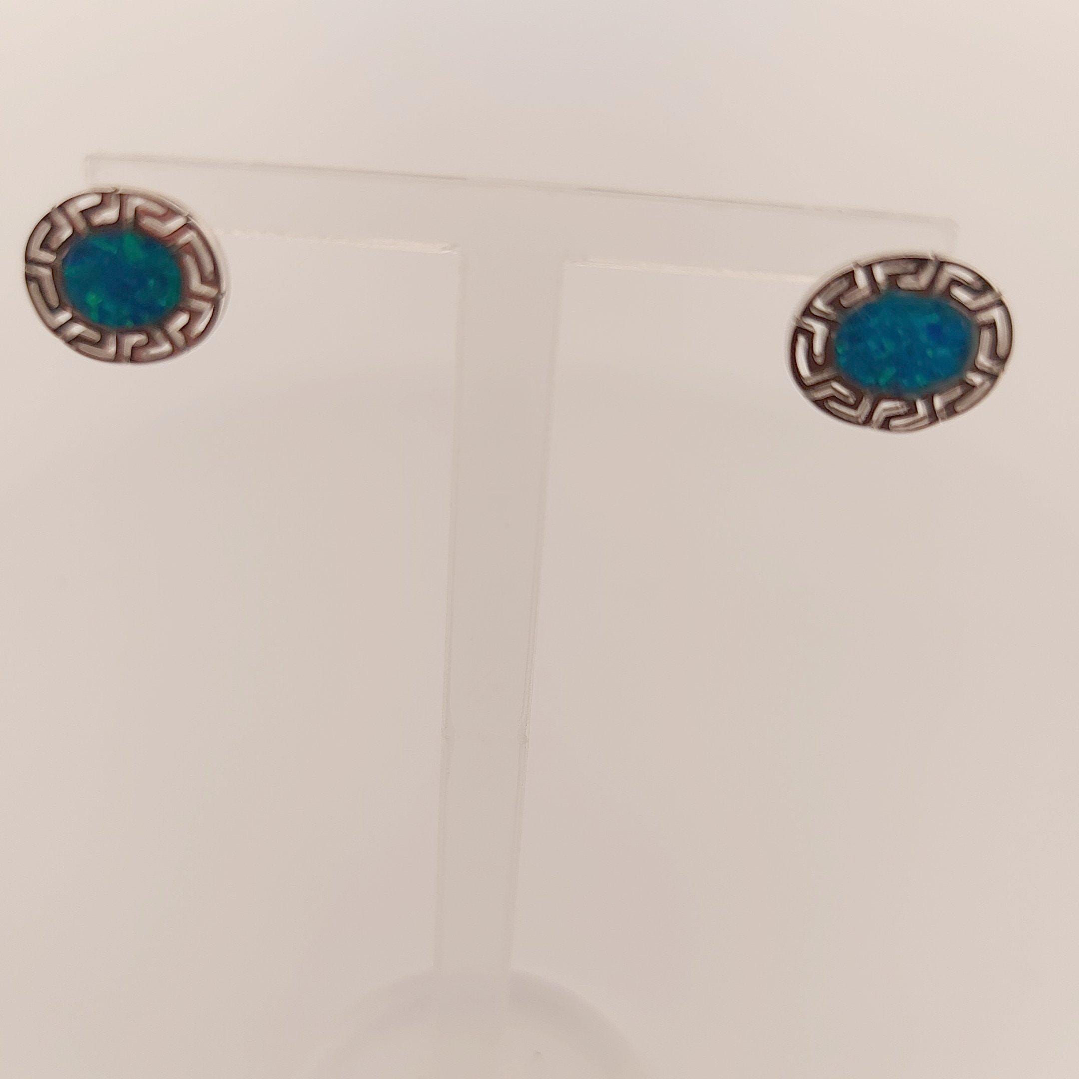 Sterling Silver Blue Opal Stud Earrings: Greek Key Design