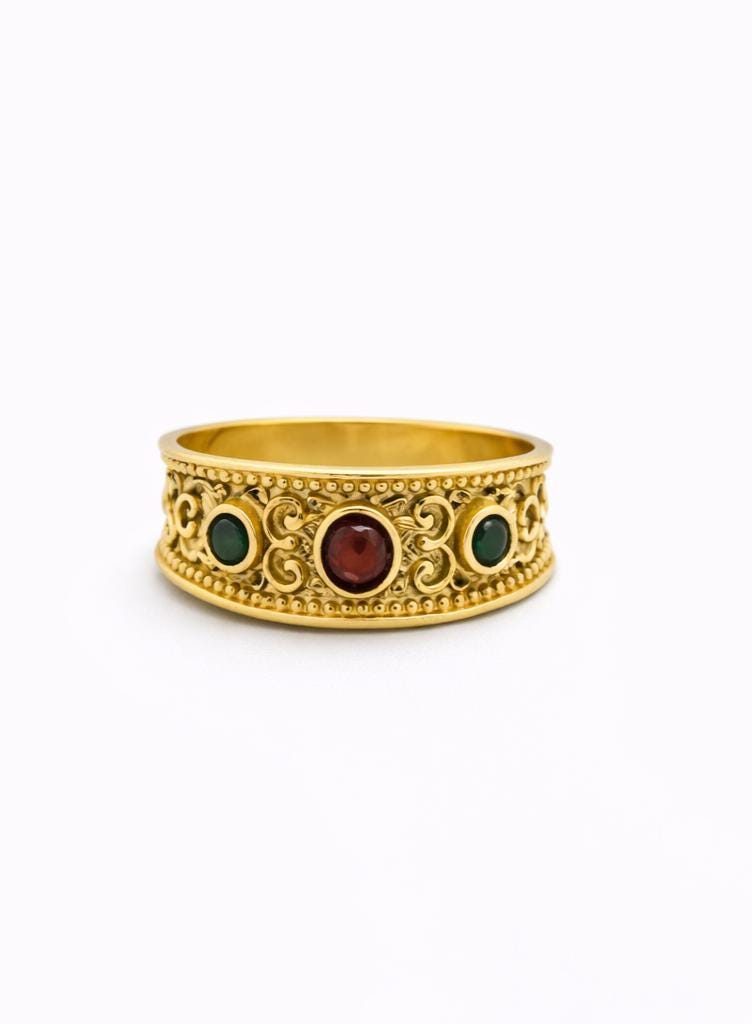 Byzantine Filigree Ring – Gold Statement Band with Red & Green Zircon Jewelry