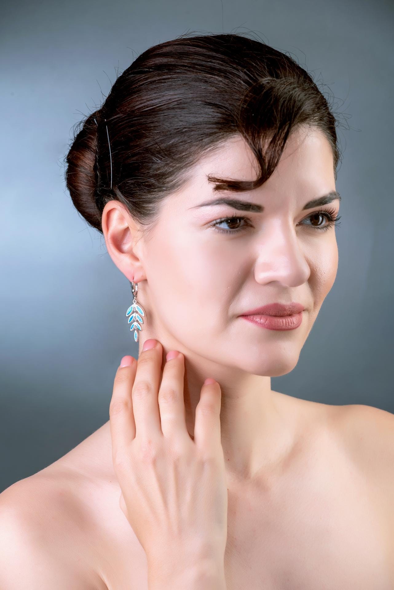 Silver Blue Opal Leaf Dangle Earrings, Greek Inspired Olive Branch Design