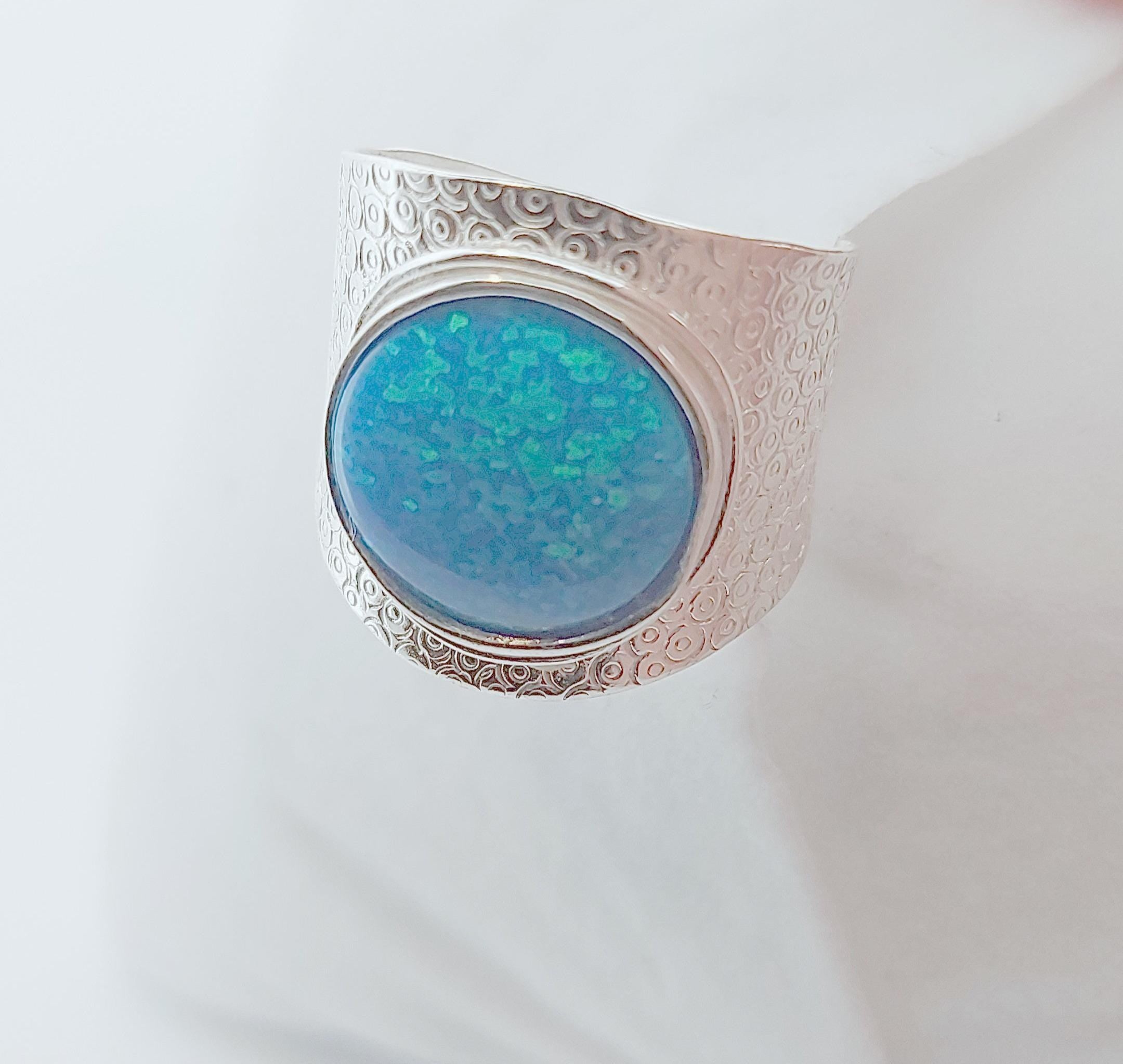 Handcrafted Silver Statement Ring with Blue Opal Stone, Greek-Inspired Textured Design