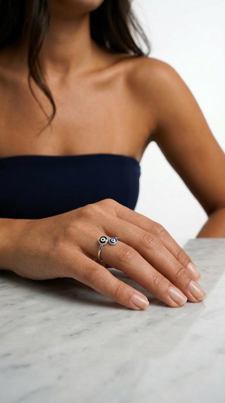 Evil Eye Ring Sterling Silver Double Eye Jewelry – Minimalist Open Band Protection