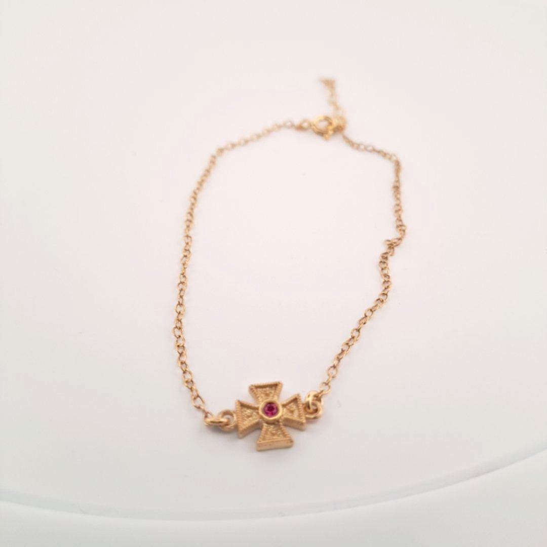 Byzantine Cross Bracelet - Gold Plated Sterling Silver Chain With Red Ruby Gemstone