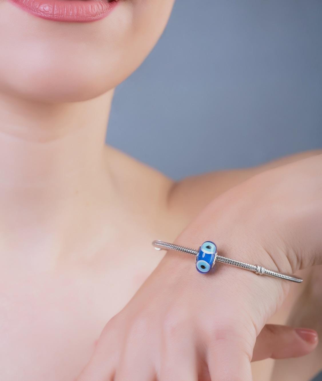 Evil Eye Charm Bead: Blue Enamel, Sterling Silver, Fits Pandora Bracelets