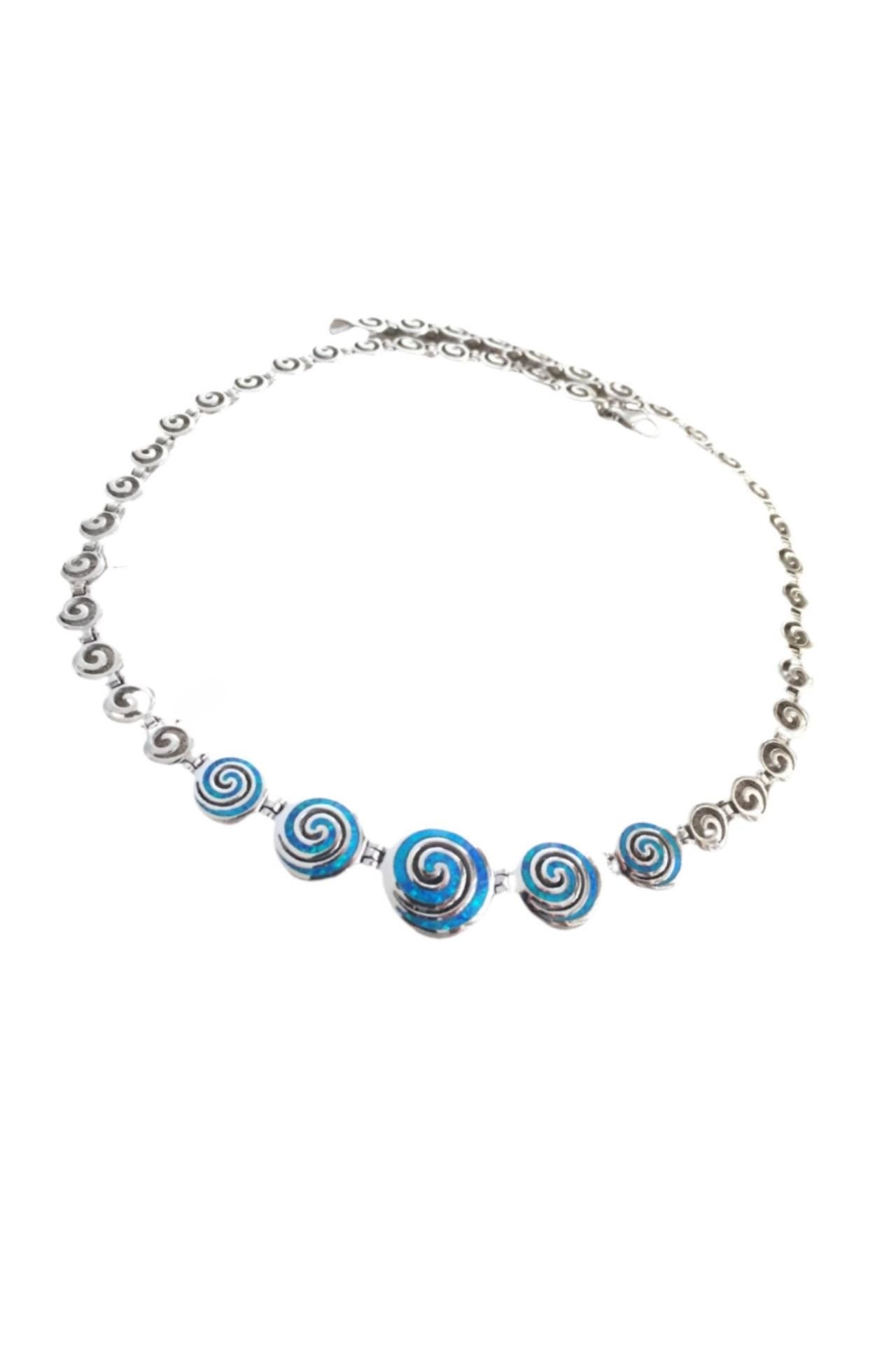 Spiral Blue Opal Necklace Silver, Greek Key Design, Meander Greek Longevity Motif