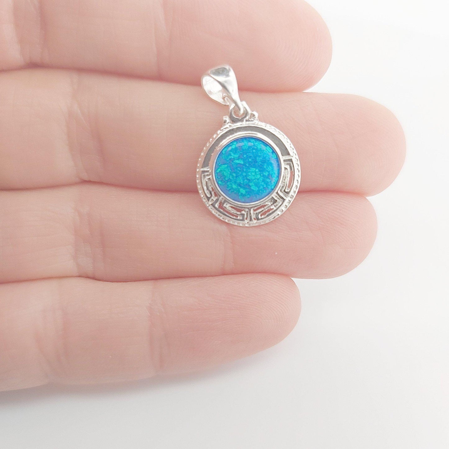 Blue Opal Silver Pendant: Greek Key Necklace