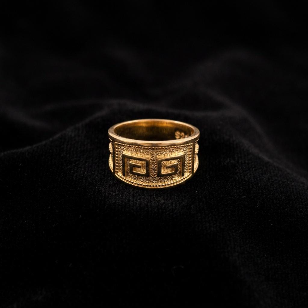 Greek Key Ring – Gold Plated Sterling Silver Wide Band Byzantine Meander Jewelry