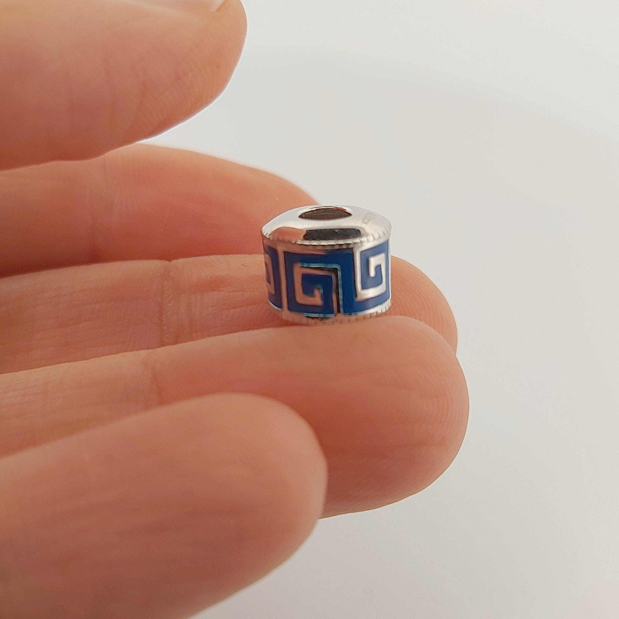 Greek Key Blue Enamel Sterling Silver Charm Bead: Pandora Compatible