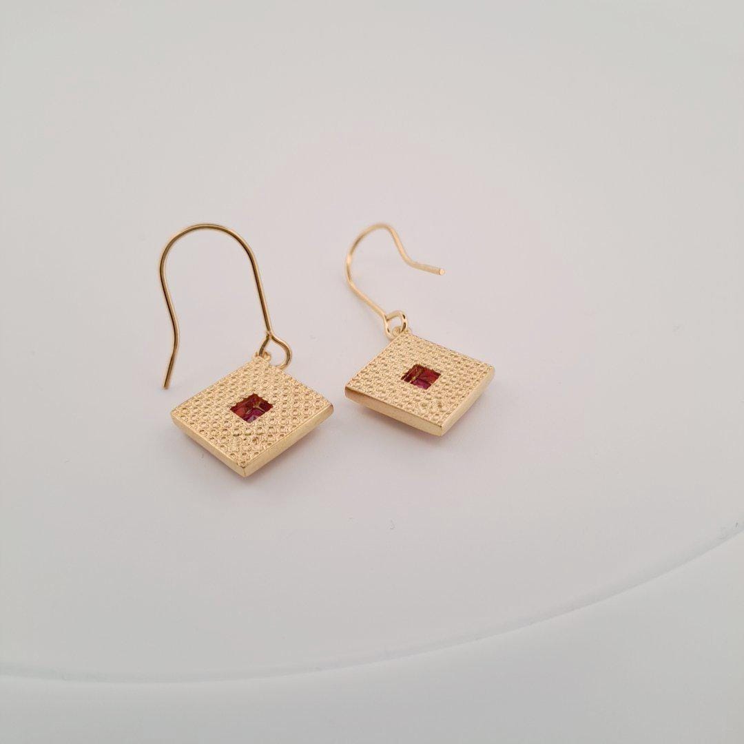 Gold Plated Earrings – Byzantine Style Textured Drop with Square Cut Gemstone