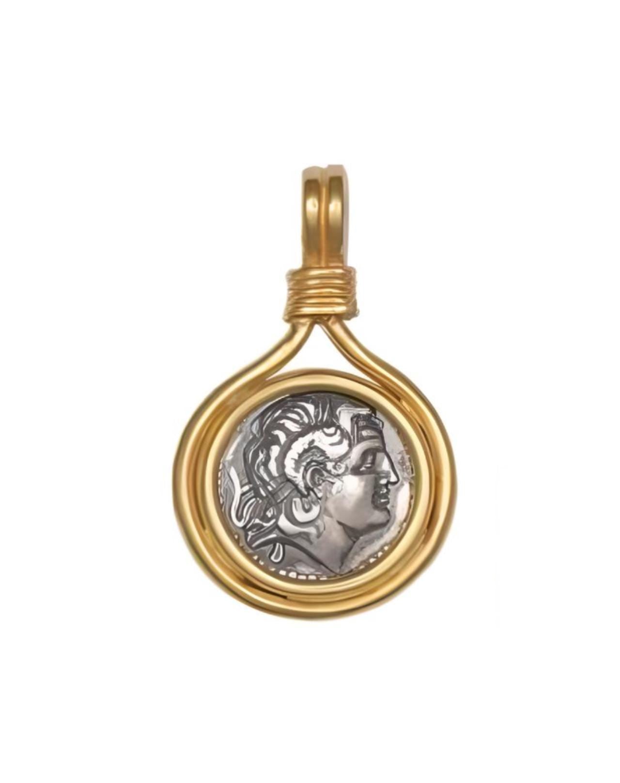 Alexander the Great Ancient Greek Silver Coin Pendant, Gold Plated Frame Design