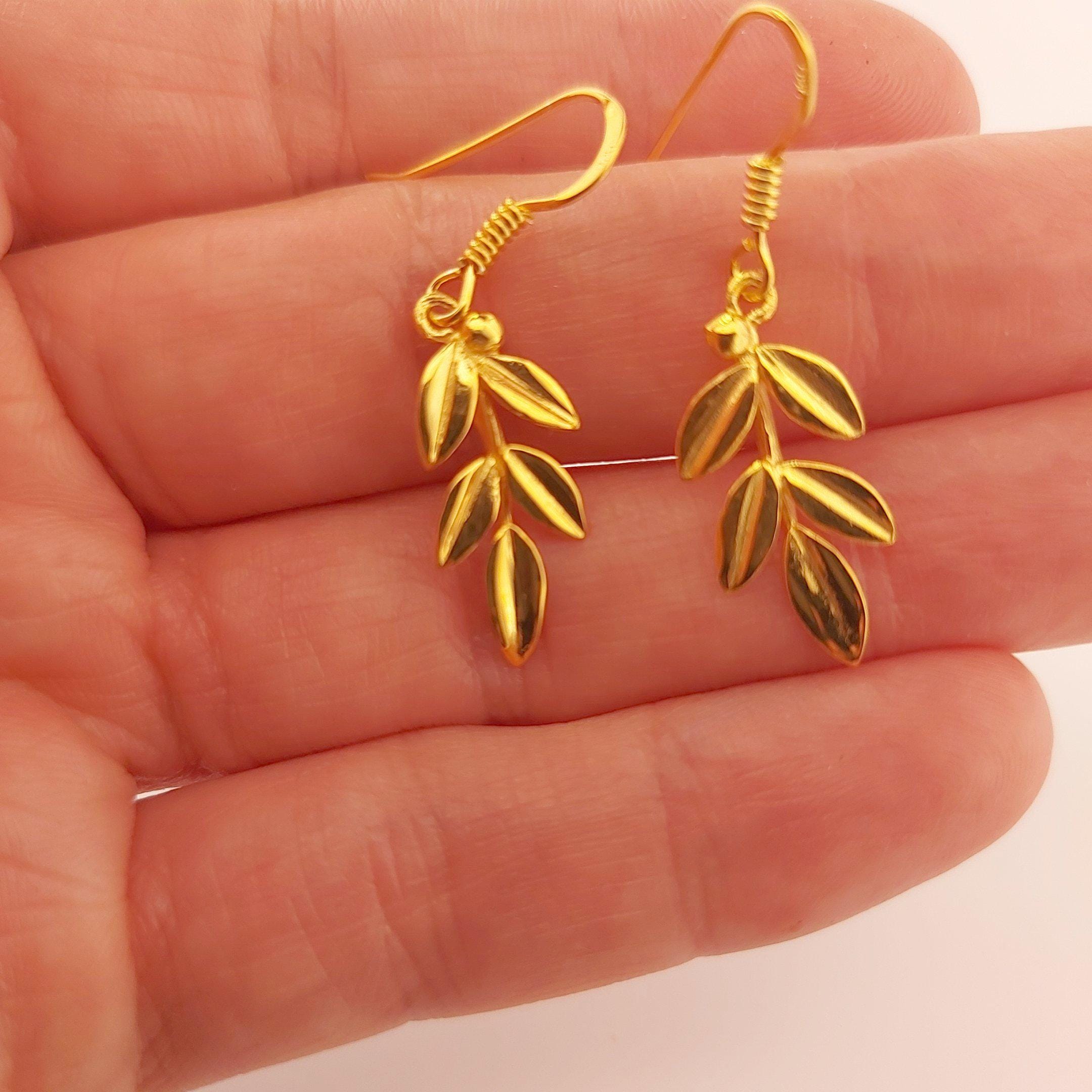 Olive Leaf Dangle Earrings, Gold Plated Greek Design, Ancient Style