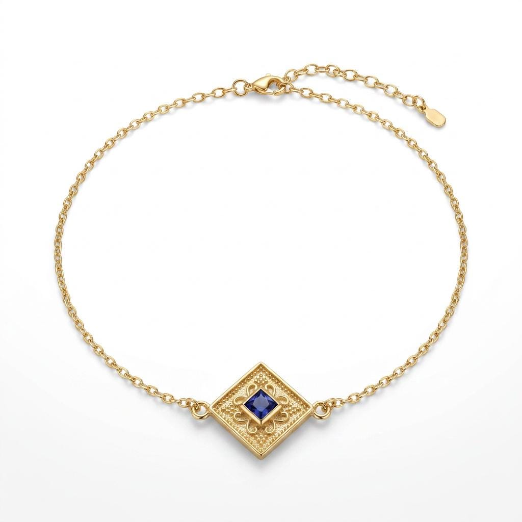 Gold Plated Bracelet – Sterling Silver Byzantine Style With Blue Gemstone Charm