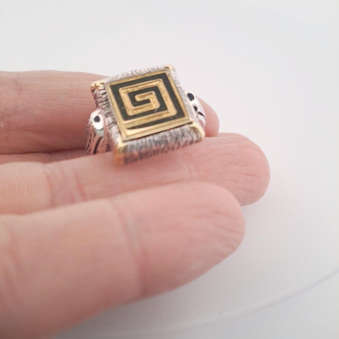Byzantine Statement Ring – Two Tone Gold Silver Ornate Square Band