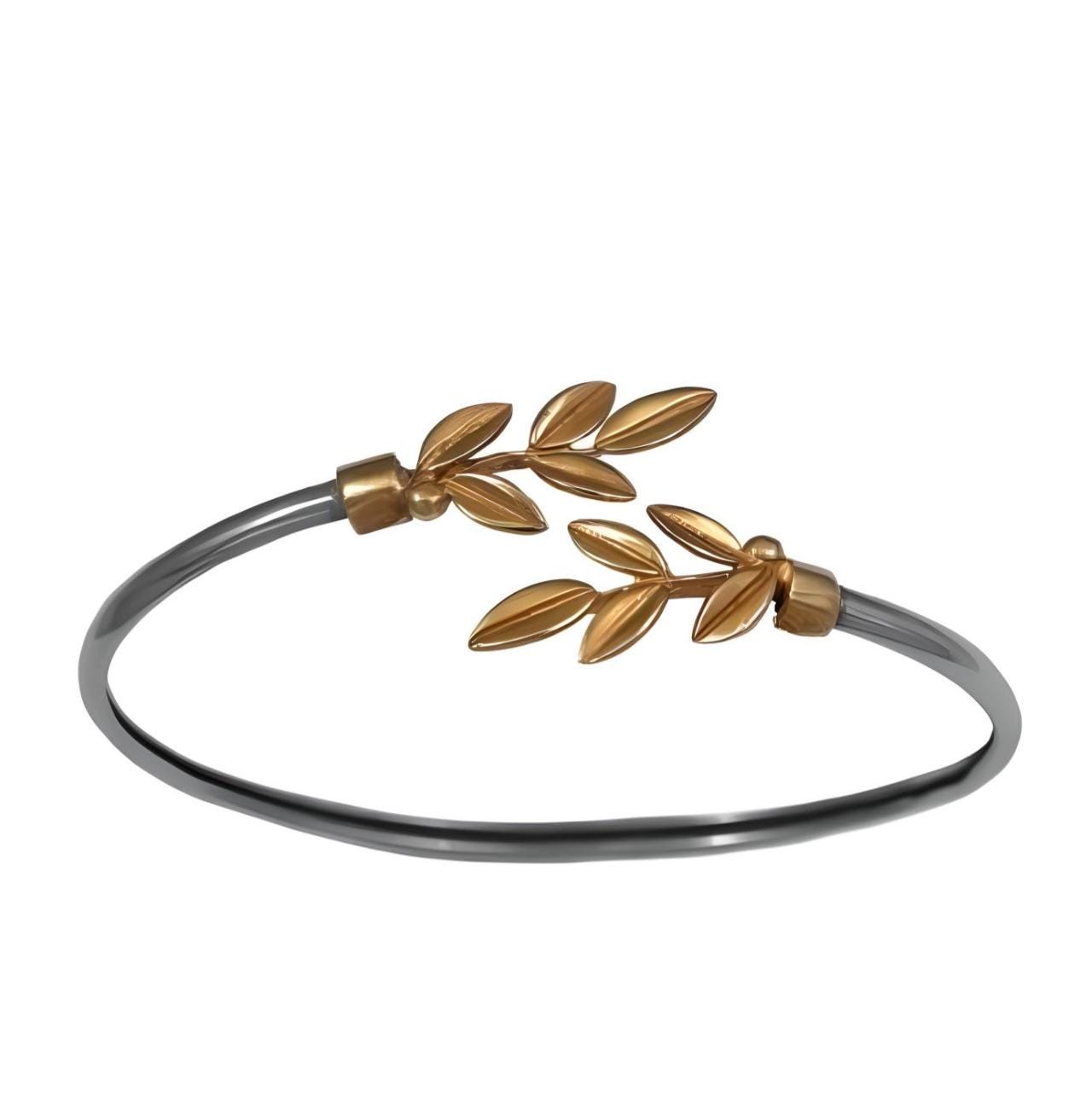Olive Leaf Bracelet, Silver and Gold Plated Bangle, Greek Inspired Design, Leaf Motif