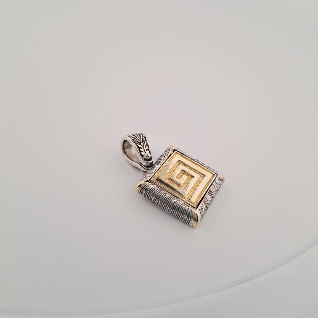 Greek Key Pendant – Two Tone Necklace | Square Gold Plated Silver Jewelry