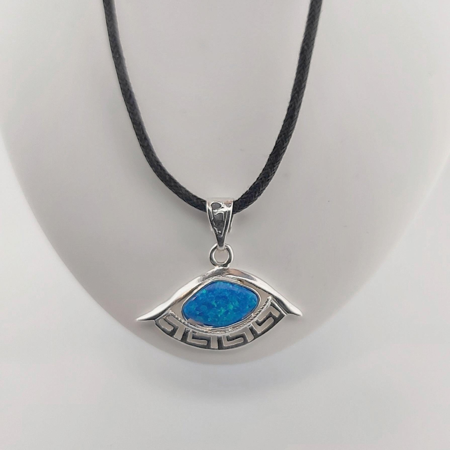 Sterling Silver Blue Opal Eye Pendant, Greek Key Meander Design, Charm