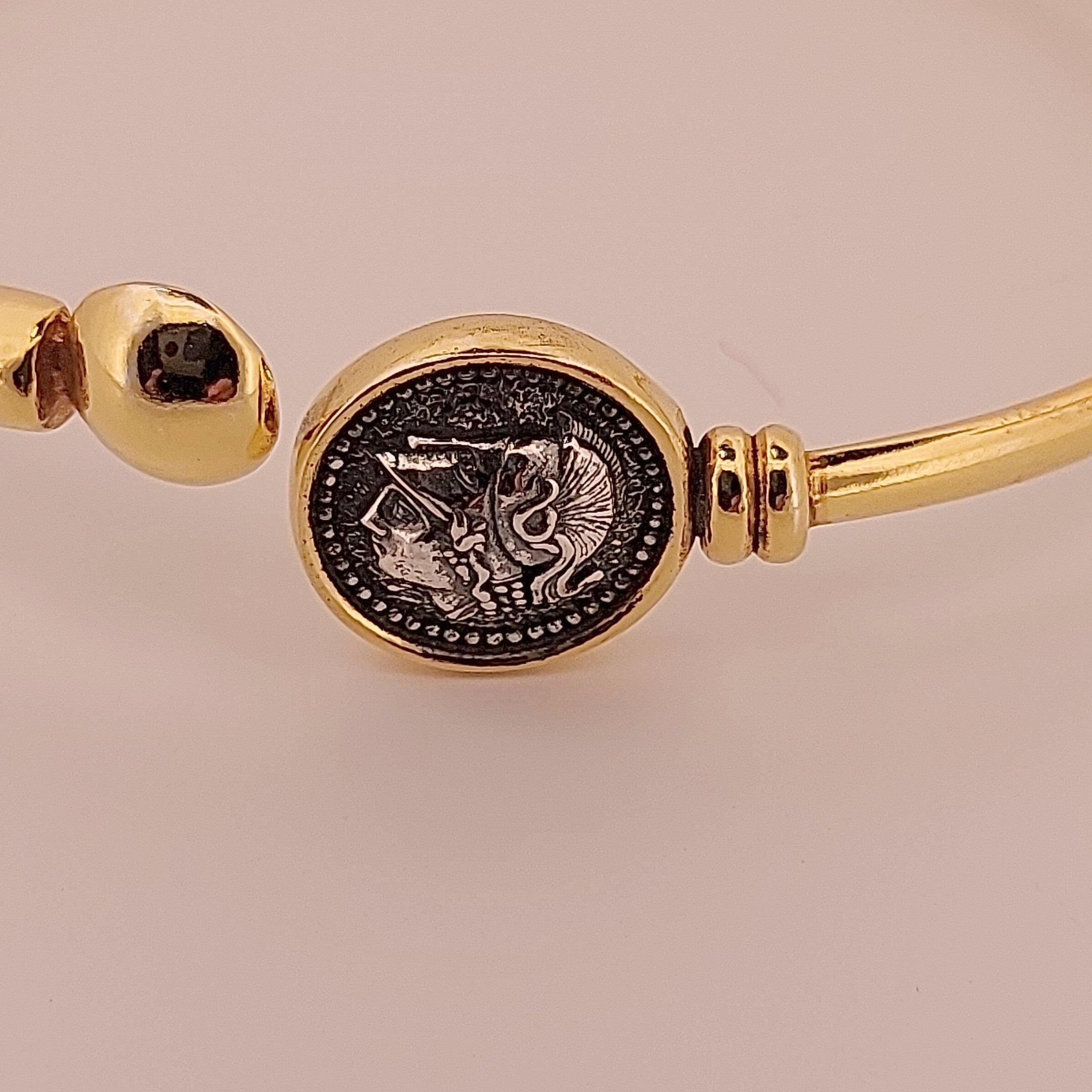 Gold Plated Athena Bangle Bracelet: Ancient Greek Coin Medallion