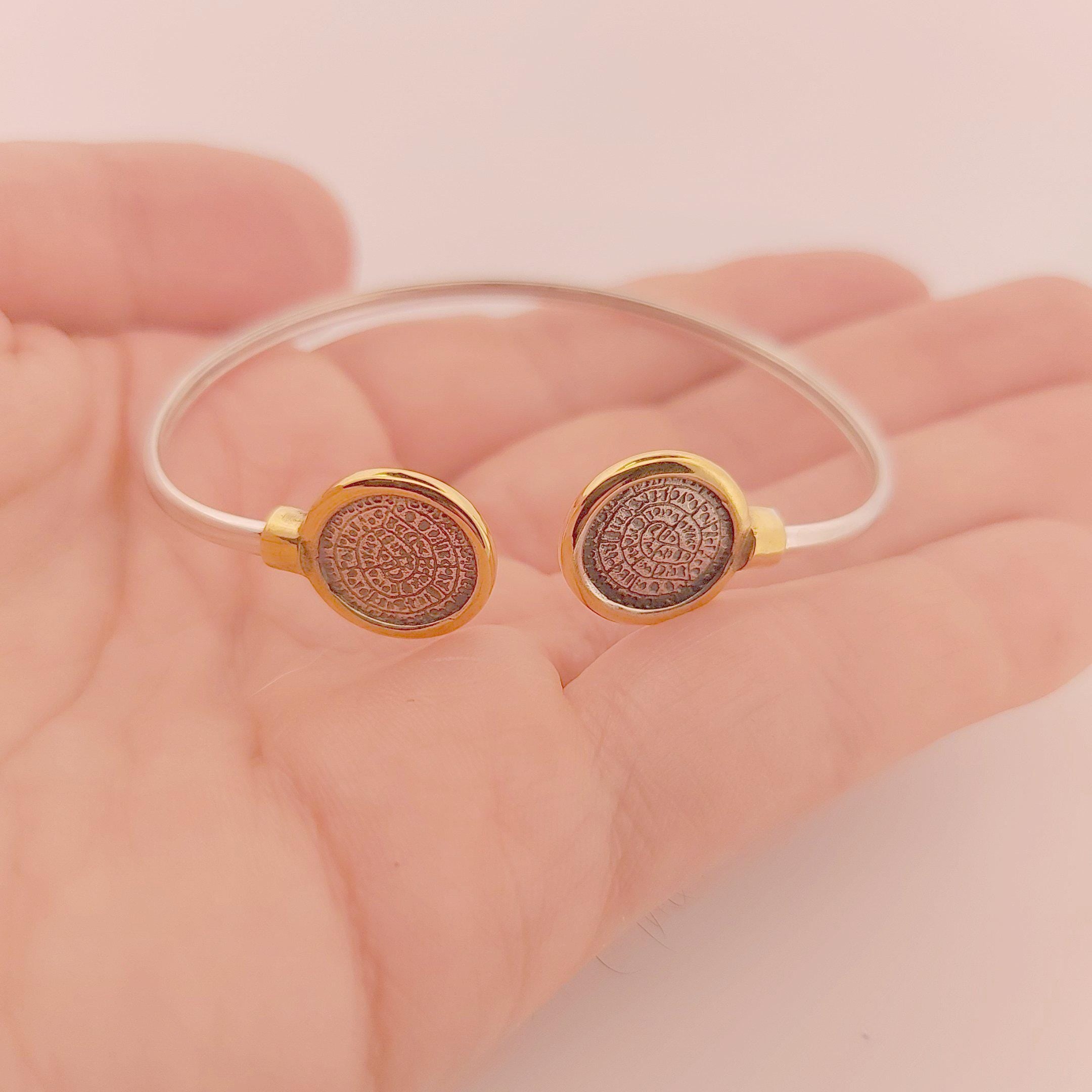 Phaistos Disc Bracelet: Sterling Silver & Gold-Plated Minoan Bangle