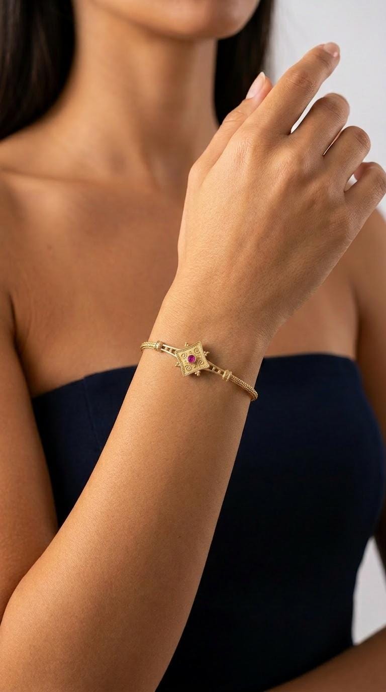 Gold Plated Bracelet - Sterling Silver Byzantine Style Woven Chain with Red Gemstone