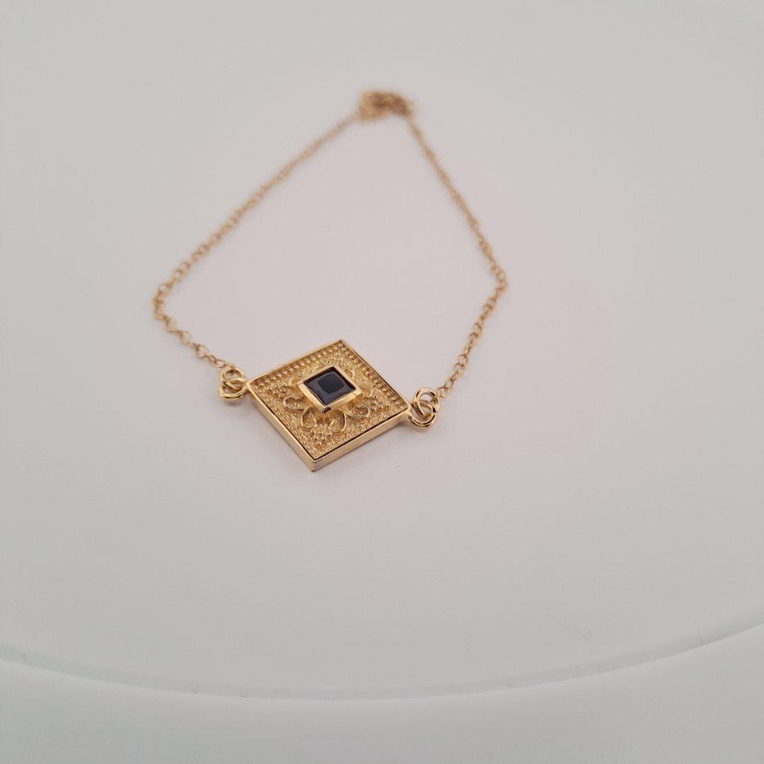 Gold Plated Bracelet – Sterling Silver Byzantine Style With Blue Gemstone Charm