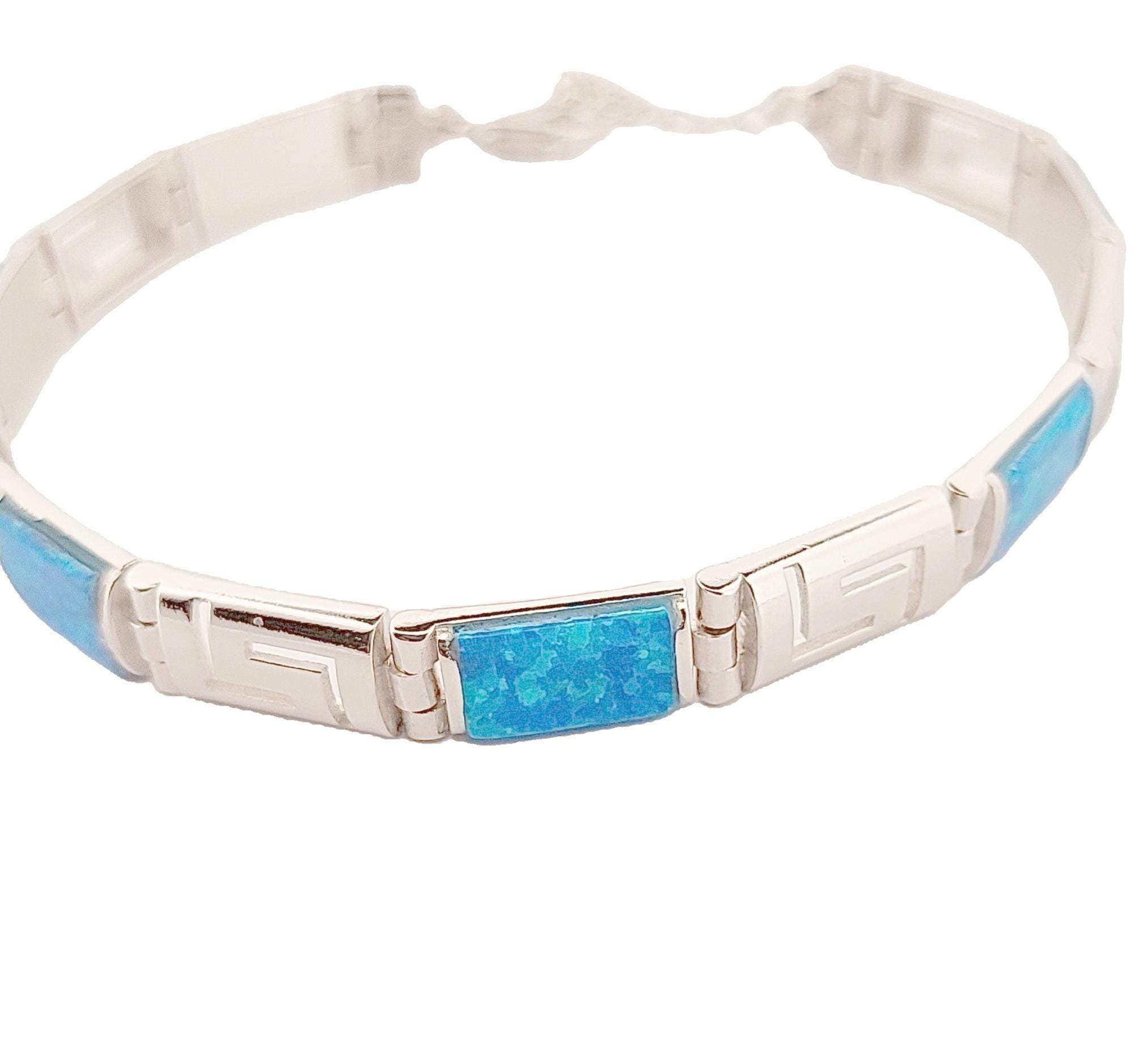 Sterling Silver Blue Opal Link Bracelet, Greek Key Meander Design