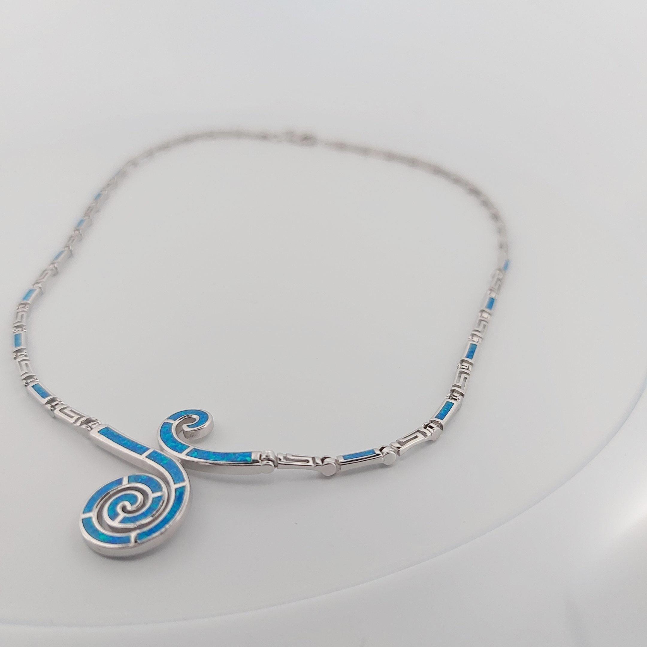 Blue Opal Sterling Silver Necklace, Spiral Meander Design