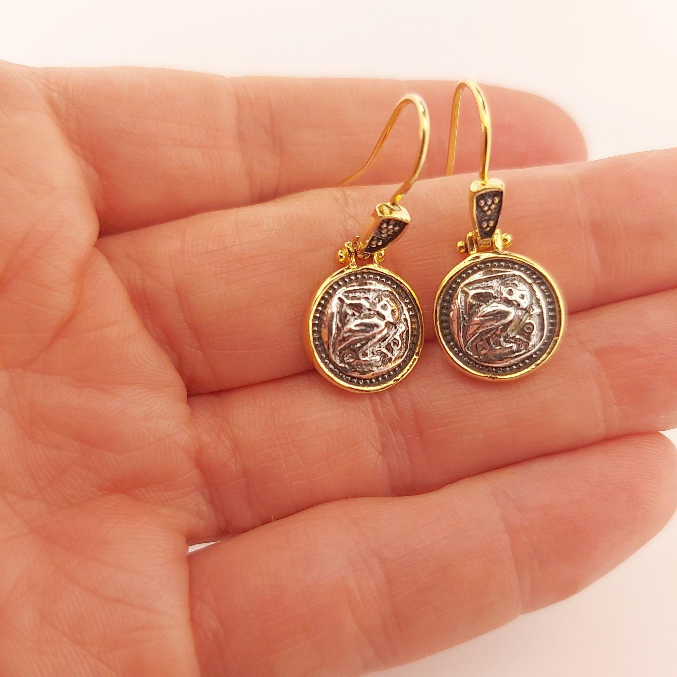 Athena's Owl Dangle Earrings: Silver & Gold-Plated Wisdom