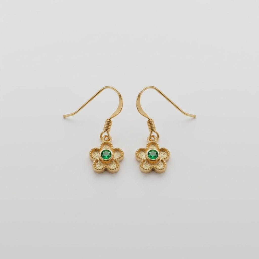 Gold Floral Earrings – Byzantine Style Green Gemstone Drops | Vintage Flower Jewelry
