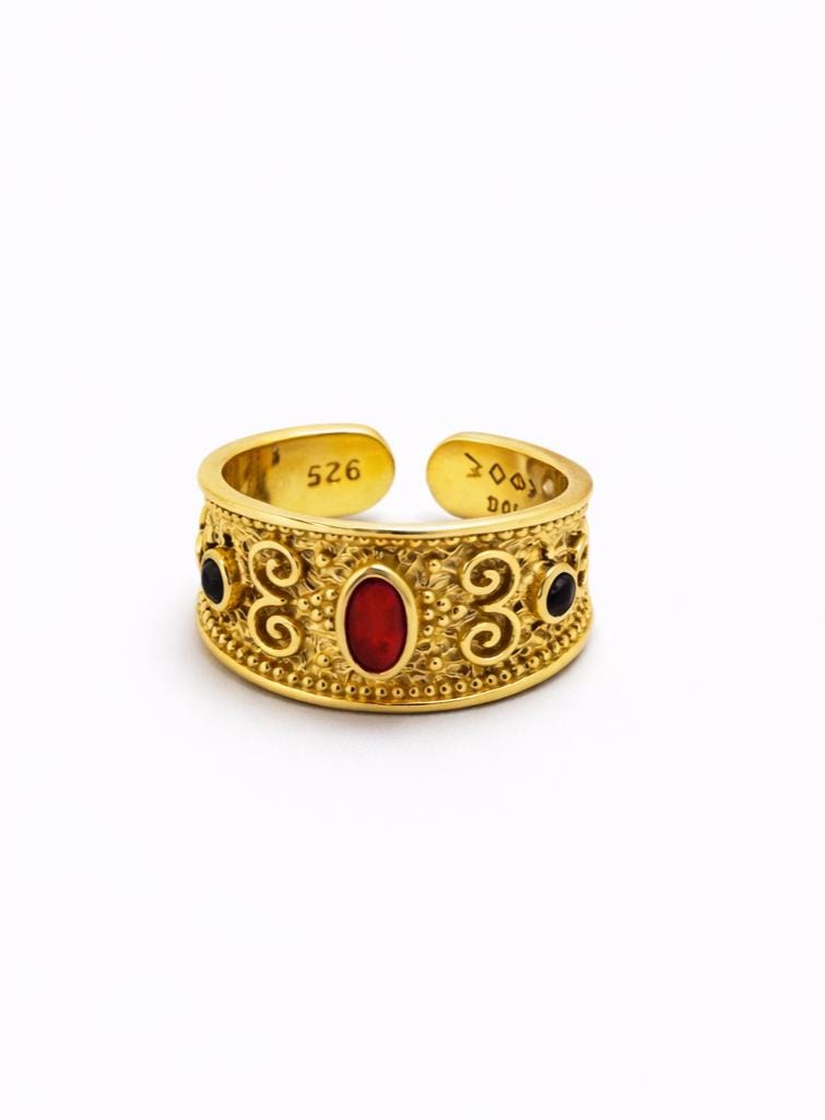 Byzantine Gold Ring – Adjustable Filigree Band With Red Zircon Stone & Green Accents
