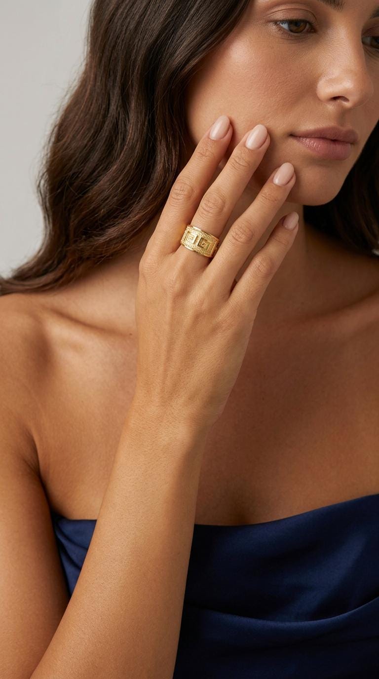 Greek Key Ring – Gold Plated Sterling Silver Wide Band Byzantine Meander Jewelry