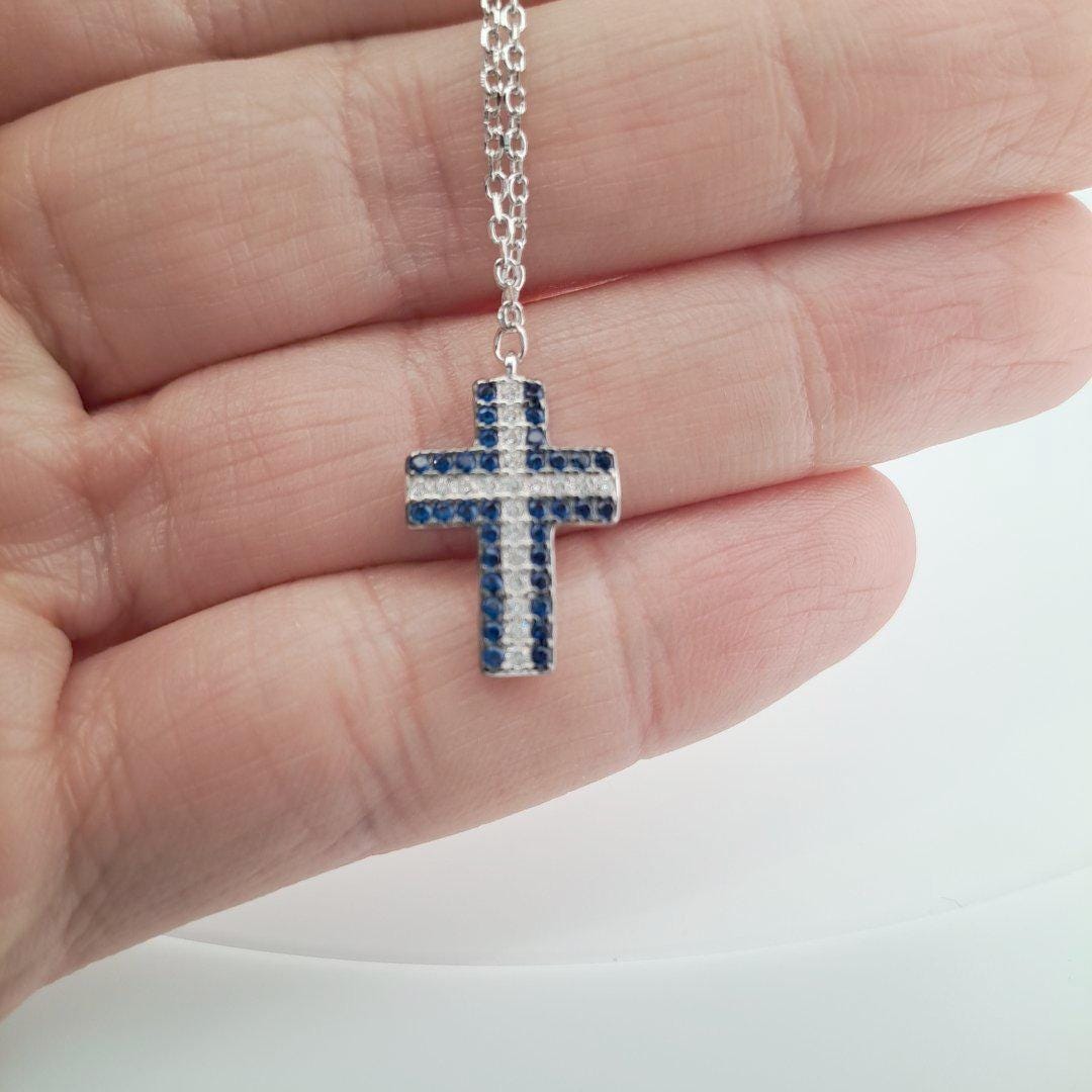 Cross Pendant Necklace – Silver Charm with Blue Zirconia & Clear Stones, Elegant Design