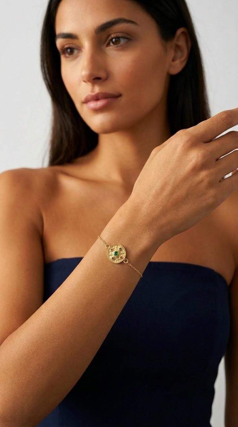 Gold Plated Bracelet – Byzantine Multicolor Gemstone Medallion With Adjustable Chain
