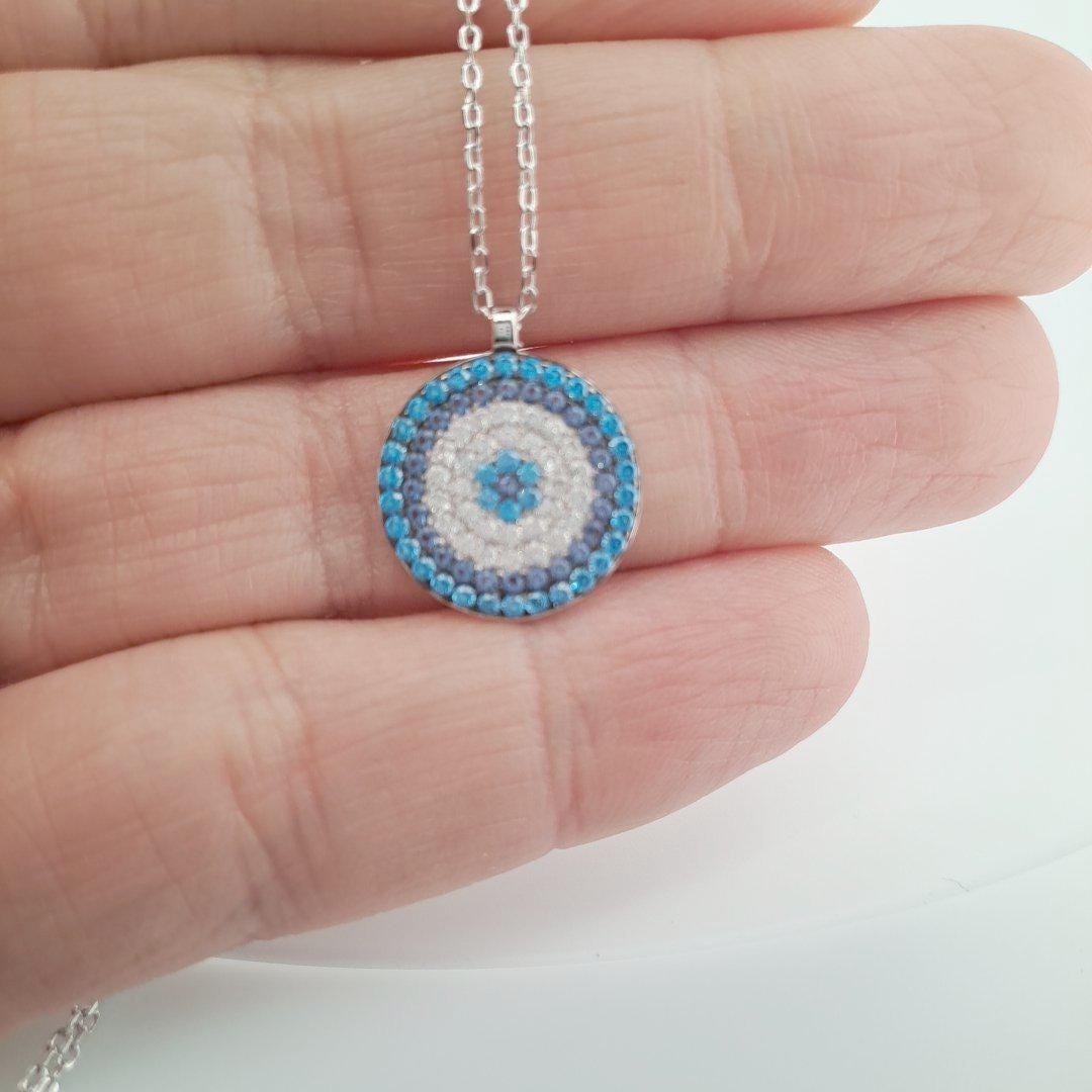 Evil Eye Pendant Necklace – Silver Round Pendant with Blue Zirconia Charm