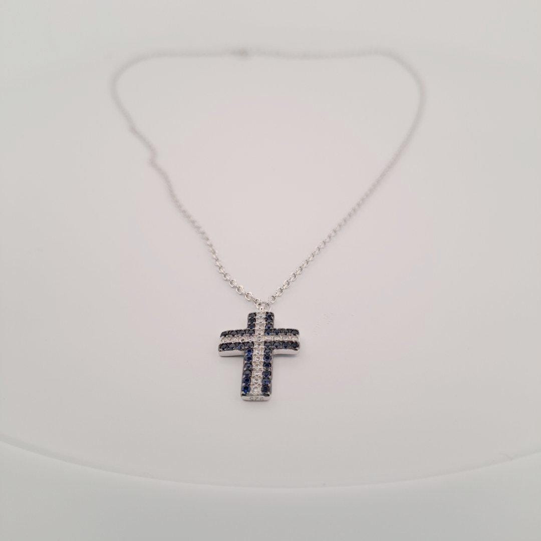 Cross Pendant Necklace – Silver Charm with Blue Zirconia & Clear Stones, Elegant Design